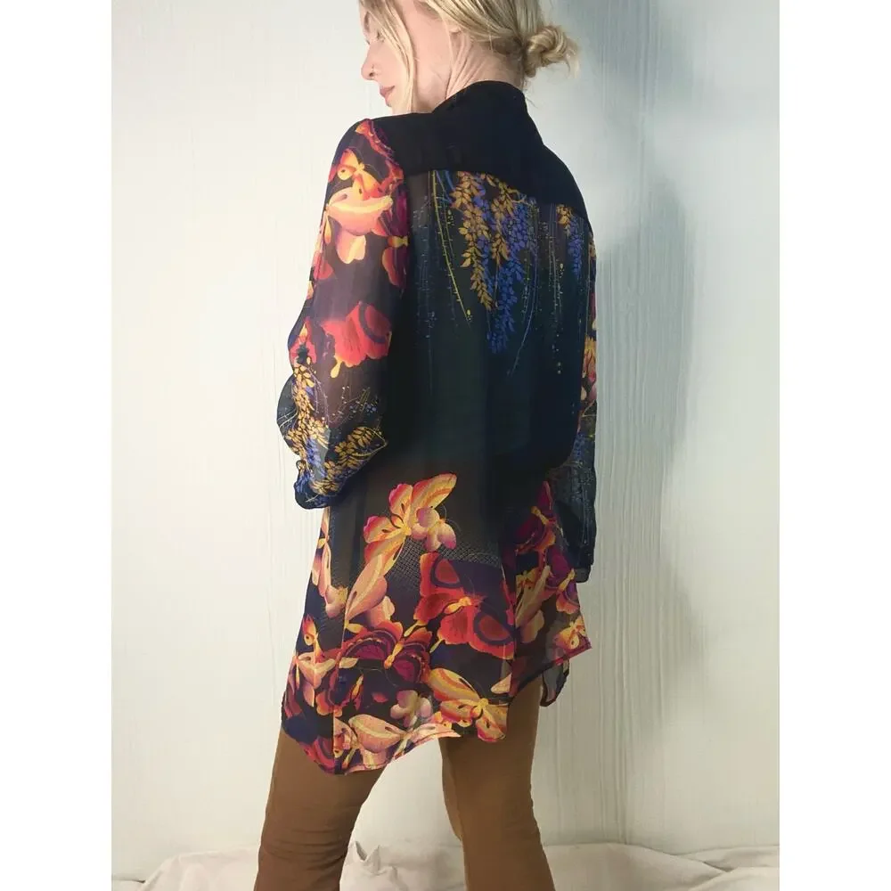 CITRON Black Sheer Silk Kimono Floral Butterflies US MEDIUM - Picture 3 of 15